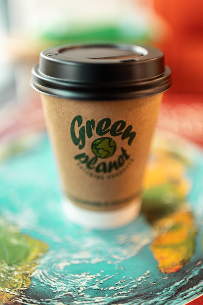 Sustainable coffee cup labeled Green Planet placed on a colorful world map.