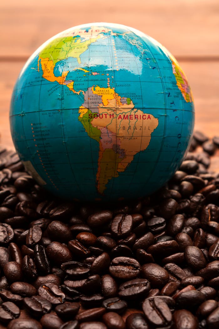 A globe on coffee beans highlighting South Americas coffee origins.